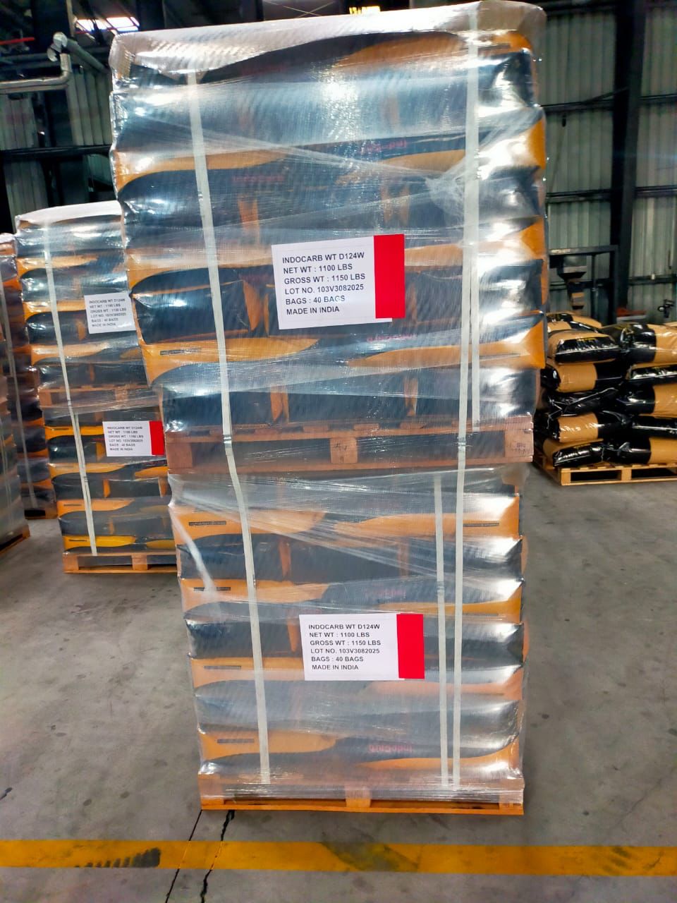Palletized bagged activated carbon wrapped and strapped for export shipment