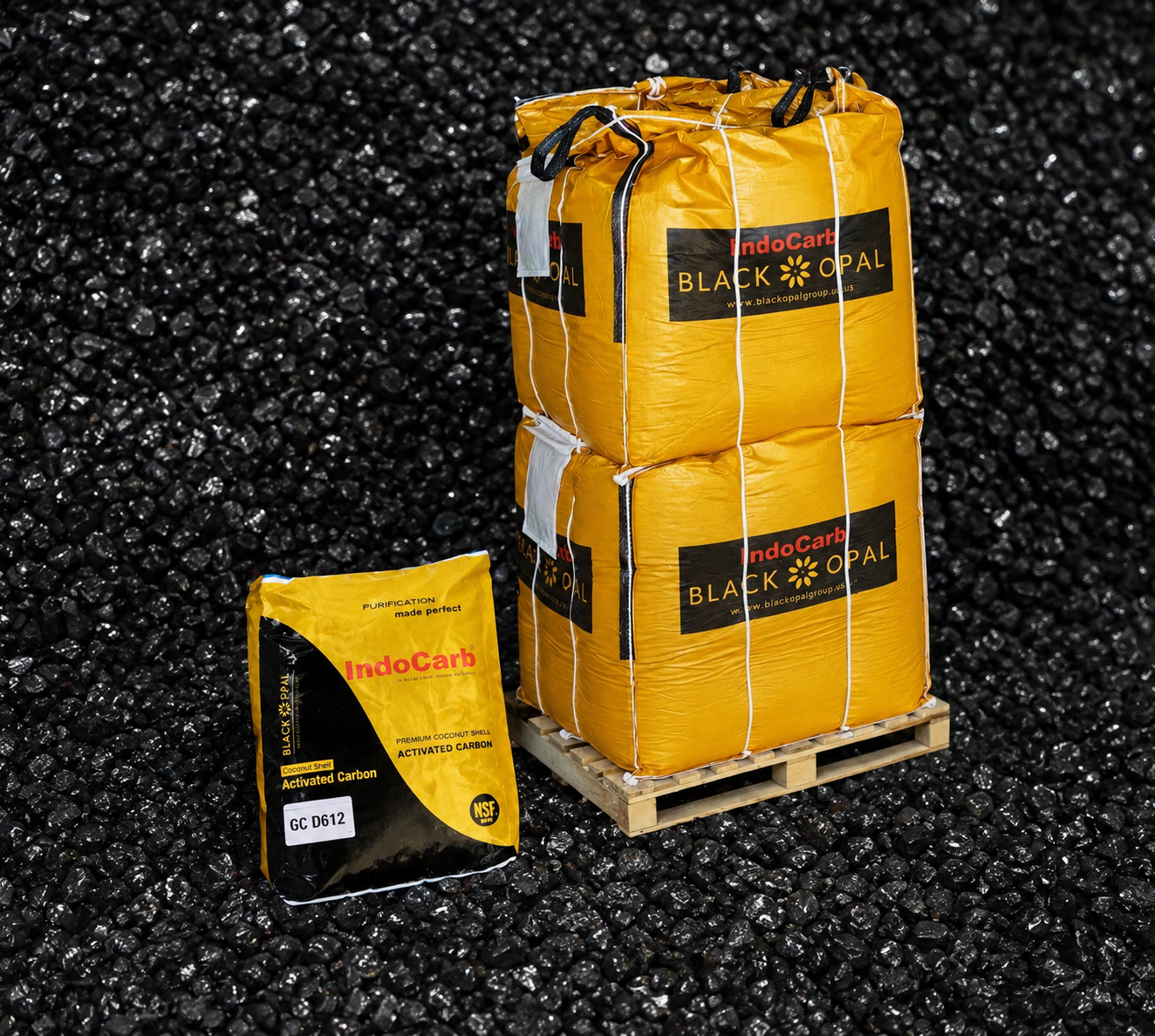 Yellow Black Opal activated carbon retail bag and palletized bulk bags on activated carbon